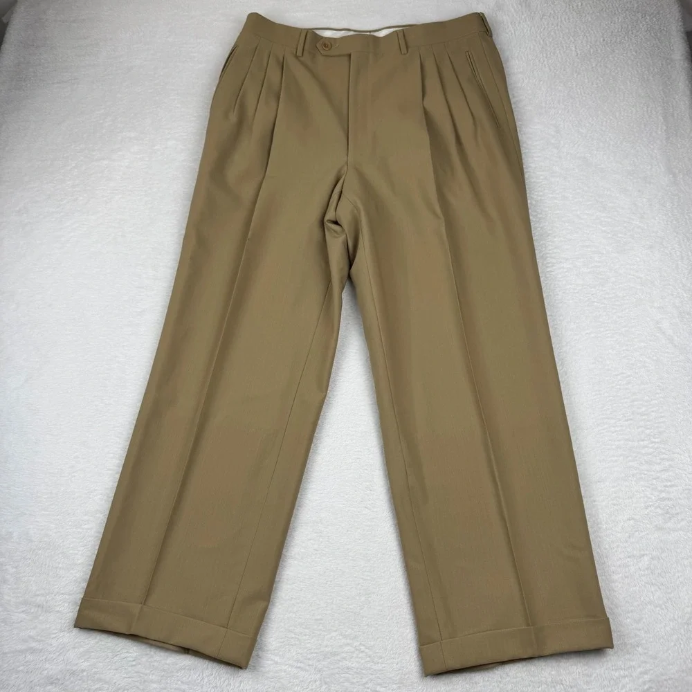 Canali Dress Trousers Mens 34 Tan Pure Wool Triple Pleated Cuffed Made in Italy